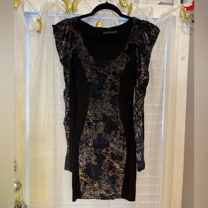 Royal blue and Champaign velour dress with black paneling.